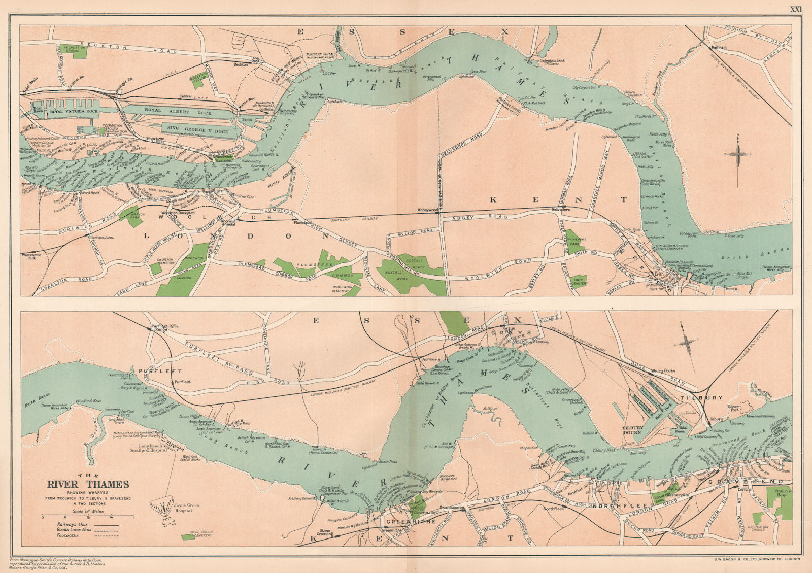 PORT OF LONDON. Wharves/docks. Thames Woolwich-Tilbury/Gravesend. BACON 1927 map